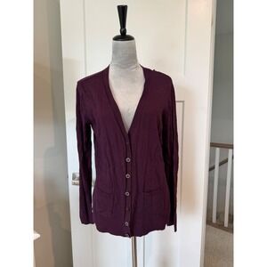Cabi Plum Purple 100% Cotton V-Neck Button Front Cardigan Sweater large